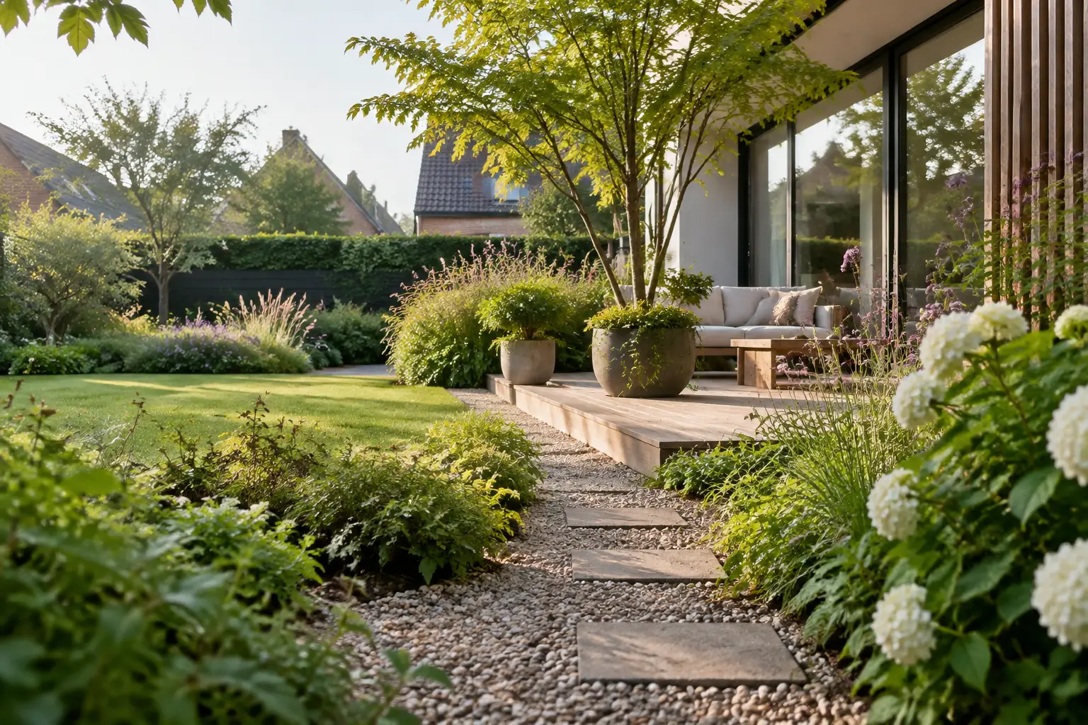 Lichte Nederlandse tuin met groene borders, een smal pad en een houten terras